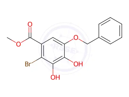 Chemical structure of Benzoic acid, 2-bromo-3,4-dihydroxy-5-(phenylmethoxy)-, methyl ester