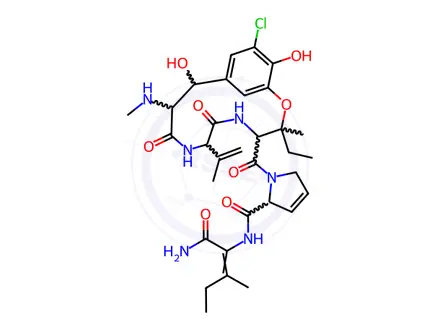 Chemical structure of Isoleucinamide, (βS)-3-chloro-β,5-dihydroxy-N-methyl-L-tyrosyl-3,4-didehydro-L-valyl-3-hydroxy-L-isoleucyl-3,4-didehydro-L-prolyl-2,3-didehydro-, cyclic (15→3)-ether, (2E)-