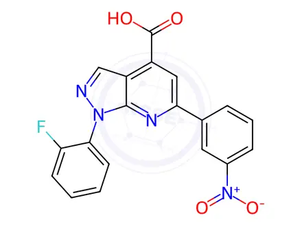 Chemical structure of 1-(2-fluorophenyl)-6-(3-nitrophenyl)-1H-pyrazolo[3,4-b]pyridine-4-carboxylic acid