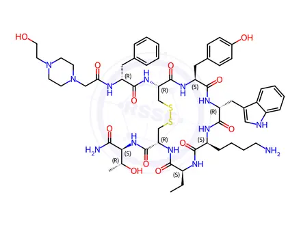 Chemical structure of (4R,7S,10S,13R,16S,19R)-13-((1H-Indol-3-yl)methyl)-N-((2S,3R)-1-amino-3-hydroxy-1-oxobutan-2-yl)-10-(4-aminobutyl)-7-ethyl-16-(4-hydroxybenzyl)-19-((R)-2-(2-(4-(2-hydroxyethyl)piperazin-1-yl)acetamido)-3-phenylpropanamido)-6,9,12,15,18-pentaoxo-1,2-dithia-5,8,11,14,17-pentaazacycloicosane-4-carboxamide