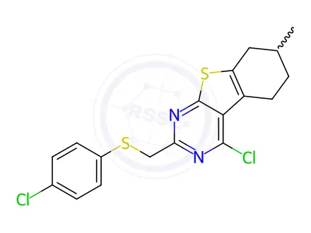 Chemical structure of 4-Chloro-2-(((4-chlorophenyl)thio)methyl)-7-methyl-5,6,7,8-tetrahydrobenzo[4,5]thieno[2,3-d]pyrimidine