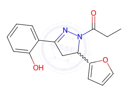 Chemical structure of 1-(5-(Furan-2-yl)-3-(2-hydroxyphenyl)-4,5-dihydro-1H-pyrazol-1-yl)propan-1-one