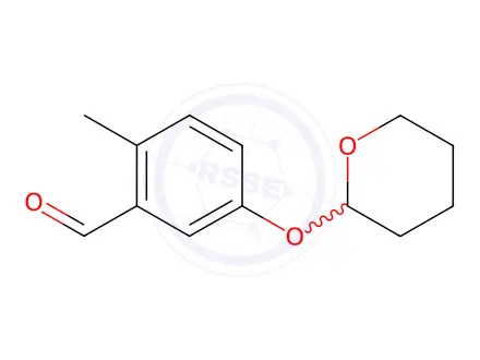 Chemical structure of Benzaldehyde, 2-methyl-5-[(tetrahydro-2H-pyran-2-yl)oxy]-