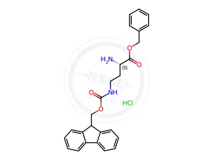 Chemical structure of Butanoic acid, 2-amino-4-[[(9H-fluoren-9-ylmethoxy)carbonyl]amino]-, phenylmethyl ester, hydrochloride (1:1), (2S)-