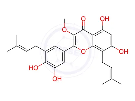 Chemical structure of 5,7,3',4'-Tetrahydroxy-3-Methoxy-8,5'-diprenylflavone