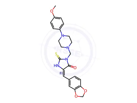 Chemical structure of (5E)-5-[(2H-1,3-Benzodioxol-5-yl)methylidene]-3-{[4-(4-methoxyphenyl)piperazin-1-yl]methyl}-2-sulfanylideneimidazolidin-4-one