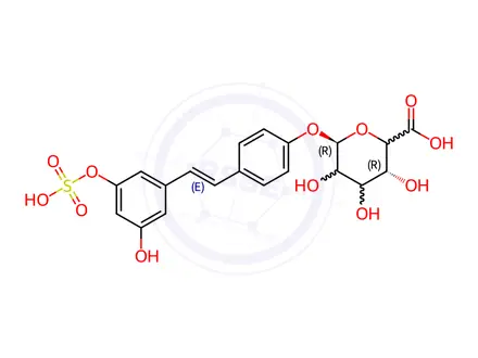 Chemical structure of Resveratrol Impurity 15 (Resveratrol-3-Sulfate-4'-Glucuronide)