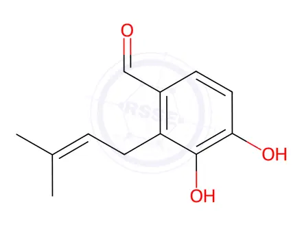 Chemical structure of Benzaldehyde, 3,4-dihydroxy-2-(3-methyl-2-butenyl)-(9CI)