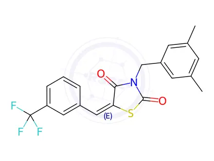 Chemical structure of (5E)-3-[(3,5-Dimethylphenyl)methyl]-5-{[3-(trifluoromethyl)phenyl]methylidene}-1,3-thiazolidine-2,4-dione