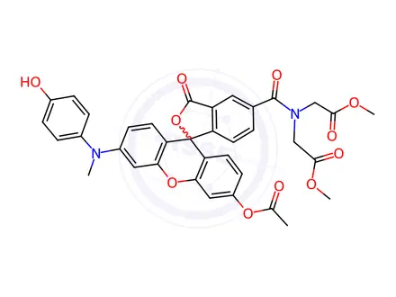 Chemical structure of Glycine, N-[[3'-(acetyloxy)-6'-[(4-hydroxyphenyl)methylamino]-3-oxospiro[isobenzofuran-1(3H),9'-[9H]xanthen]-5-yl]carbonyl]-N-(2-methoxy-2-oxoethyl)-, methyl ester