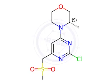 Chemical structure of (S)-4-(2-Chloro-6-((methylsulfonyl)methyl)pyrimidin-4-yl)-3-methylmorpholine, 97%