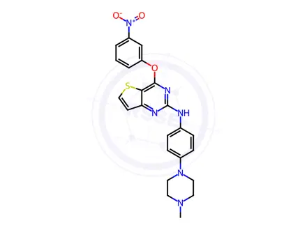 Chemical structure of N-(4-(4-methylpiperazin-1-yl)phenyl)-4-(3-nitrophenoxy)thieno[3,2-d]pyrimidin-2-amine