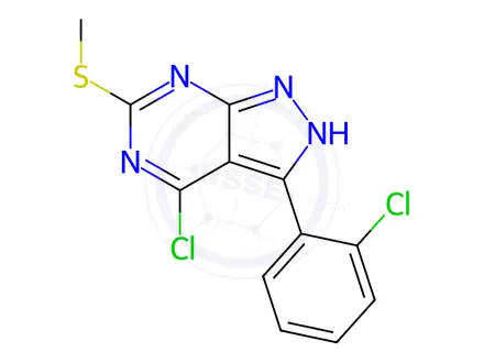 Chemical structure of 4-Chloro-3-(2-chlorophenyl)-6-(methylthio)-1H-pyrazolo[3,4-d]pyrimidine