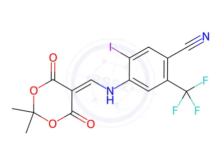 Chemical structure of 4-{[(2,2-Dimethyl-4,6-dioxo-1,3-dioxan-5-ylidene)methyl]-amino}-5-iodo-2-(trifluoromethyl)benzonitrile