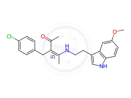 Chemical structure of (Z)-3-(4-Chlorobenzyl)-4-{[2-(5-methoxy-1H-indol-3-yl)ethyl]amino}-3-penten-2-one