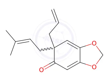 Chemical structure of 6-allyl-6-(3-methylbut-2-en-1-yl)benzo[d][1,3]dioxol-5(6H)-one