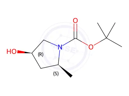 Chemical structure of (2S,4R)-4-hydroxy-2-methyl-pyrrolidine-1-carboxylic acid tert-butyl ester