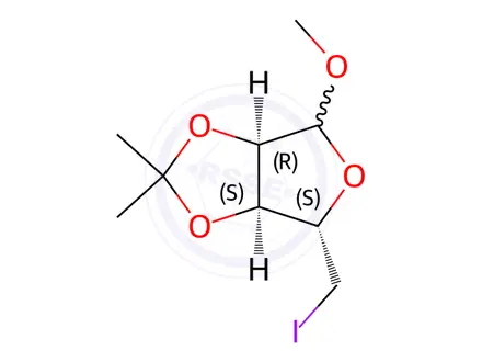 Chemical structure of (3aS,4S,6aR)-4-(iodomethyl)-6-methoxy-2,2-dimethyltetrahydrofuro[3,4-d][1,3]dioxole