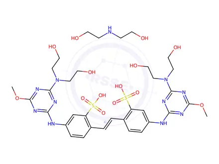 Chemical structure of 4,4'-bis[[4-[bis(2-hydroxyethyl)amino]-6-methoxy-1,3,5-triazin-2-yl]amino]stilbene-2,2'-disulphonic acid, compound with 2,2'-iminodiethanol