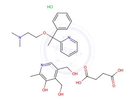 Chemical structure of 4,5-bis(hydroxymethyl)-2-methyl-pyridin-3-ol, N,N-dimethyl-2-[1-p henyl-1-(2-pyridyl)ethoxy]ethanamine, succinic acid, hydrochlorid e