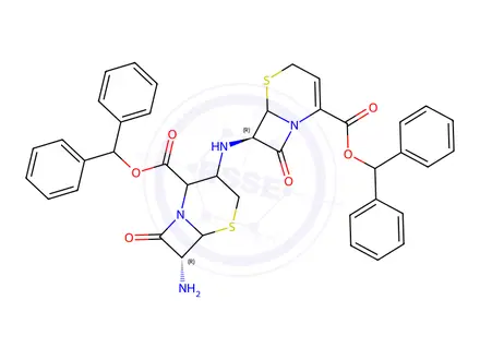 Chemical structure of (7R)-benzhydryl 7-(((7R)-7-amino-2-((benzhydryloxy)carbonyl)-8-oxo-5-thia-1-azabicyclo[4.2.0]octan-3-yl)amino)-8-oxo-5-thia-1-azabicyclo[4.2.0]oct-2-ene-2-carboxylate