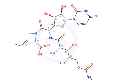 Chemical structure of (2S,E)-1-[5-[(2-Amino-5-O-aminocarbonyl-2-deoxy-L-xylonoyl)amino]-1,5-dideoxy-1-(1,2,3,4-tetrahydro-2,4-dioxopyrimidin-1-yl)-β-D-allofuranulonoyl]-3-ethylidene-2-azetidinecarboxyli