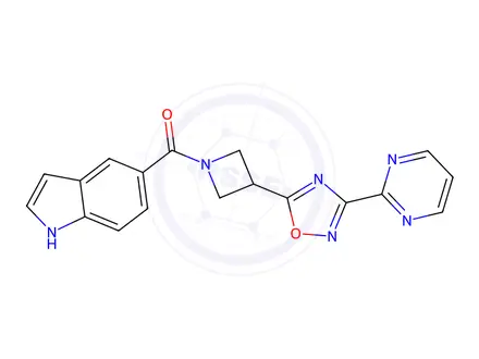 Chemical structure of (1H-Indol-5-yl)(3-(3-(pyrimidin-2-yl)-1,2,4-oxadiazol-5-yl)azetidin-1-yl)methanone