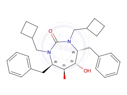Chemical structure of (4R,5S,6S,7R)-4,7-dibenzyl-1,3-bis(cyclobutylmethyl)-5,6-dihydroxy-1,3-diazepan-2-one