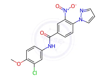 Chemical structure of N-(3-Chloro-4-methoxyphenyl)-3-nitro-4-(1H-pyrazol-1-yl)benzamide