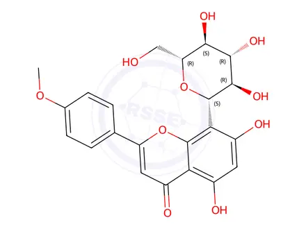 Chemical structure of 2-(4-Methoxyphenyl)-8-(β-D-glucopyranosyl)-5,7-dihydroxy-4H-1-benzopyran-4-one