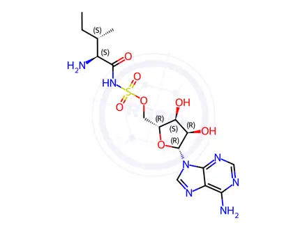 Chemical structure of ((2R,3S,4R,5R)-5-(6-Amino-9H-purin-9-yl)-3,4-dihydroxytetrahydrofuran-2-yl)methyl (L-isoleucyl)sulfamate