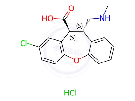 Chemical structure of rel-8-chloro-11-((Methylamino)methyl)-10,11-dihydrodibenzo[b,f]oxepine-10-carboxylic Acid Hydrochloride