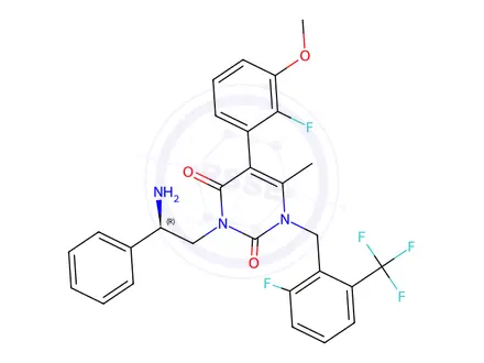 Chemical structure of (R)-3-(2-amino-2-phenylethyl)-5-(2-fluoro-3-methoxyphenyl)-1-(2-fluoro-6-(trifluoromethyl)benzyl)-6-methylpyrimidine-2,4(1H,3H)-dione