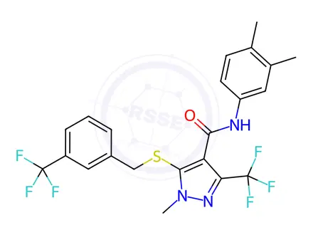 Chemical structure of N-(3,4-Dimethylphenyl)-1-methyl-3-(trifluoromethyl)-5-({[3-(trifluoromethyl)phenyl]methyl}sulfanyl)-1H-pyrazole-4-carboxamide