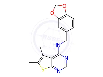 Chemical structure of N-(Benzo[d][1,3]dioxol-5-ylmethyl)-5,6-dimethylthieno[2,3-d]pyrimidin-4-amine