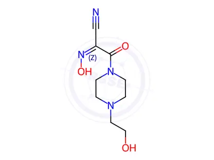 Chemical structure of (Z)-2-[4-(2-hydroxyethyl)piperazin-1-yl]-2-oxoethanecarbonimidoyl cyanide