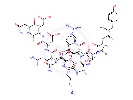 Chemical structure of (S)-4-((S)-2-((S)-2-((S)-1-(L-Tyrosylglycyl-L-seryl-L-leucyl-L-prolyl-L-glutaminyl-L-lysyl-L-alanyl-L-glutaminyl-L-arginyl)pyrrolidine-2-carboxamido)-5-amino-5-oxopentanamido)-3-ca