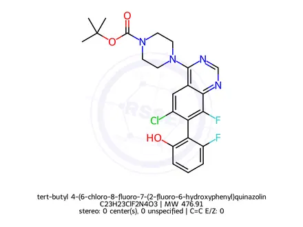 Chemical structure of tert-butyl 4-(6-chloro-8-fluoro-7-(2-fluoro-6-hydroxyphenyl)quinazolin-4-yl)piperazine-1-carboxylate