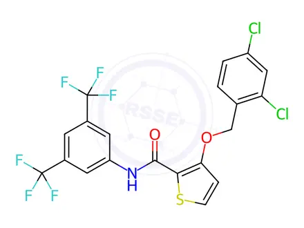 Chemical structure of N-(3,5-bis(trifluoromethyl)phenyl)-3-((2,4-dichlorobenzyl)oxy)thiophene-2-carboxamide