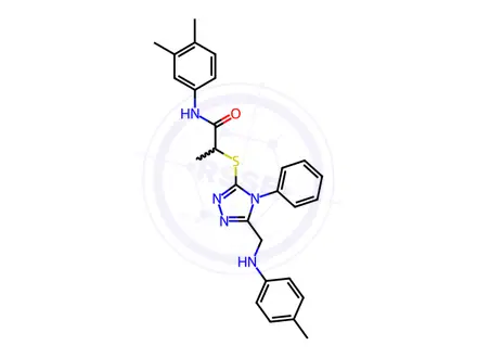 Chemical structure of N-(3,4-Dimethylphenyl)-2-((4-phenyl-5-((p-tolylamino)methyl)-4H-1,2,4-triazol-3-yl)thio)propanamide