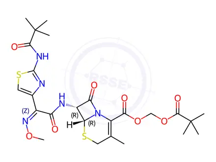 Chemical structure of (Pivaloyloxy)methyl (6R,7R)-7-((Z)-2-(methoxyimino)-2-(2-pivalamidothiazol-4-yl)acetamido)-3-methyl-8-oxo-5-thia-1-azabicyclo[4.2.0]oct-2-ene-2-carboxylate