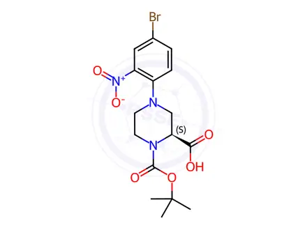 Chemical structure of (S)-4-(4-Bromo-2-nitrophenyl)-1-(tert-butoxy-carbonyl)piperazine-2-carboxylic acid