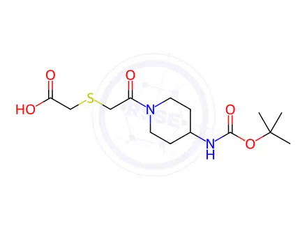 Chemical structure of Acetic acid, [[2-[4-[[(1,1-dimethylethoxy)carbonyl]amino]-1-piperidinyl]-2-oxoethyl]thio]-(9CI)