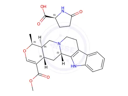 Chemical structure of methyl 16,17-didehydro-19alpha-methyloxayohimban-16-carboxylate, compound with 5-oxo-L-proline (1:1)