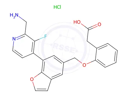 Chemical structure of 2-(2-((7-(2-(aminomethyl)-3-fluoropyridin-4-yl)benzofuran-5-yl)methoxy)phenyl)acetic acid HCL