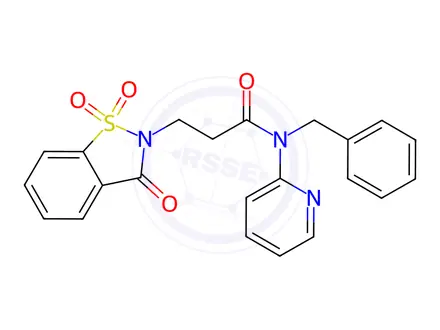 Chemical structure of N-benzyl-N-pyridin-2-yl-3-(1,1,3-trioxo-1,2-benzothiazol-2-yl)propanamide