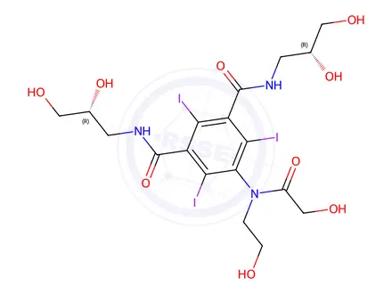 Chemical structure of 1,3-Benzenedicarboxamide, N,N'-bis(2,3-dihydroxypropyl)-5-[(hydroxyacetyl)(2-hydroxyethyl)amino]-2,4,6-triiodo-, (R*,R*)-(+-)-
