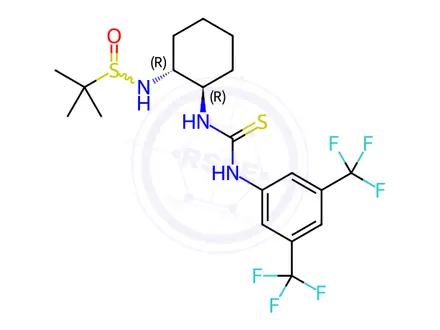 Chemical structure of N-((1R,2R)-2-(3-(3,5-Bis(trifluoromethyl)phenyl)thioureido)cyclohexyl)-2-methylpropane-2-sulfinamide