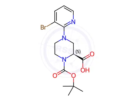 Chemical structure of (S)-4-(3-Bromopyridin-2-yl)-1-(tert-butoxycarbonyl)-piperazine-2-carboxylic acid