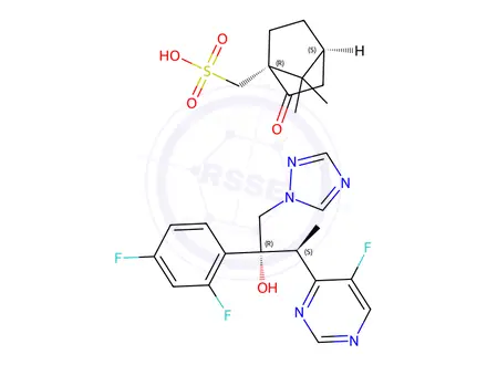 Chemical structure of (2R,3S)-2-(2,4-Difluorophenyl)-3-(5-fluoropyrimidin-4-yl)-1-(1H-1,2,4-triazol-1-yl)butan-2-ol ((1R)-7,7-dimethyl-2-oxobicyclo[2.2.1]heptan-1-yl)methanesulfonate